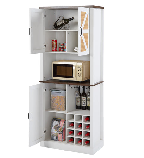 76 Inch Tall Farmhouse Kitchen Faux Rattan Wine Cabinet, Kitchen Bar Cabinet with Square Compartments and Shelves - V.I.P Digital Presence