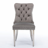 High end tufted solid wood velvet soft cushion dining chair chrome plated leg nail decoration gray and chrome two-piece set