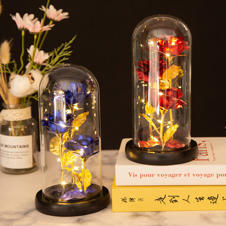 Valentine's Mother's Day Gift: Three Glass Cover Gold Foil Roses Ornament, Eternal Flower LED Night Light - V.I.P Digital Presence
