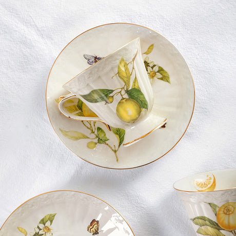 European - style Elegant Lemon Espresso Cups Set: Includes Tea Cups, Saucers, Ceramic Mugs, and a Dessert Plate - V.I.P Digital Presence