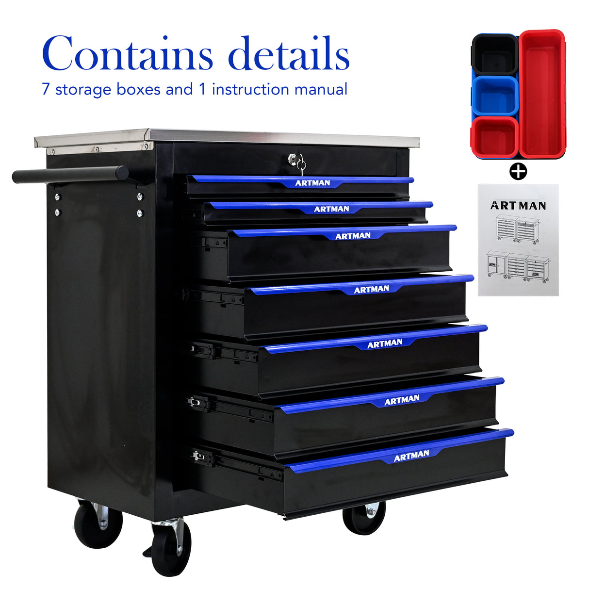 7 DRAWERS MULTIFUNCTIONAL TOOL CART WITH WHEELS-BLACK+BLUE - V.I.P Digital Presence