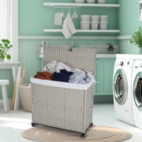 Laundry Hamper With Lid PE Rattan Powder Coating Frame Clothes Hampers with 02 Removable Bags, Wheels, 160L, Grey Color - V.I.P Digital Presence