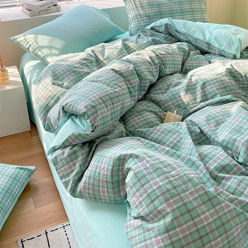 Cotton Dyed Washed Cotton Bedding Set Pure Cotton A Class Flat Sheet Quilt Cover Fitted Sheet Quilt Cover Three-Piece Set Striped