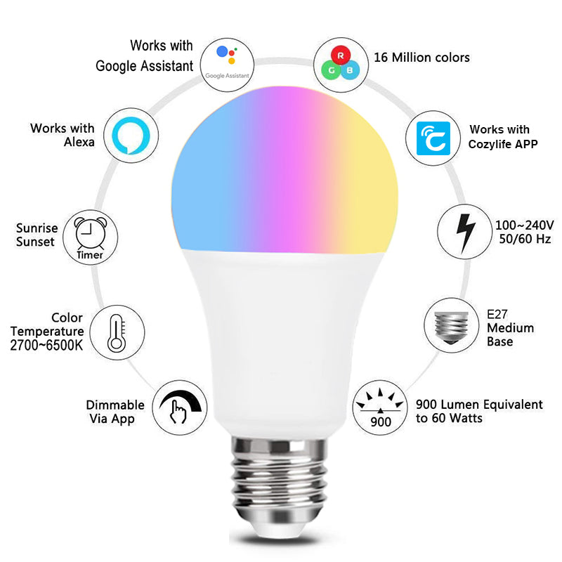 Bombilla inteligente WiFi con control por voz de Alexa, RGBCW, atenuación de color, A19, grafiti, Smart Life 