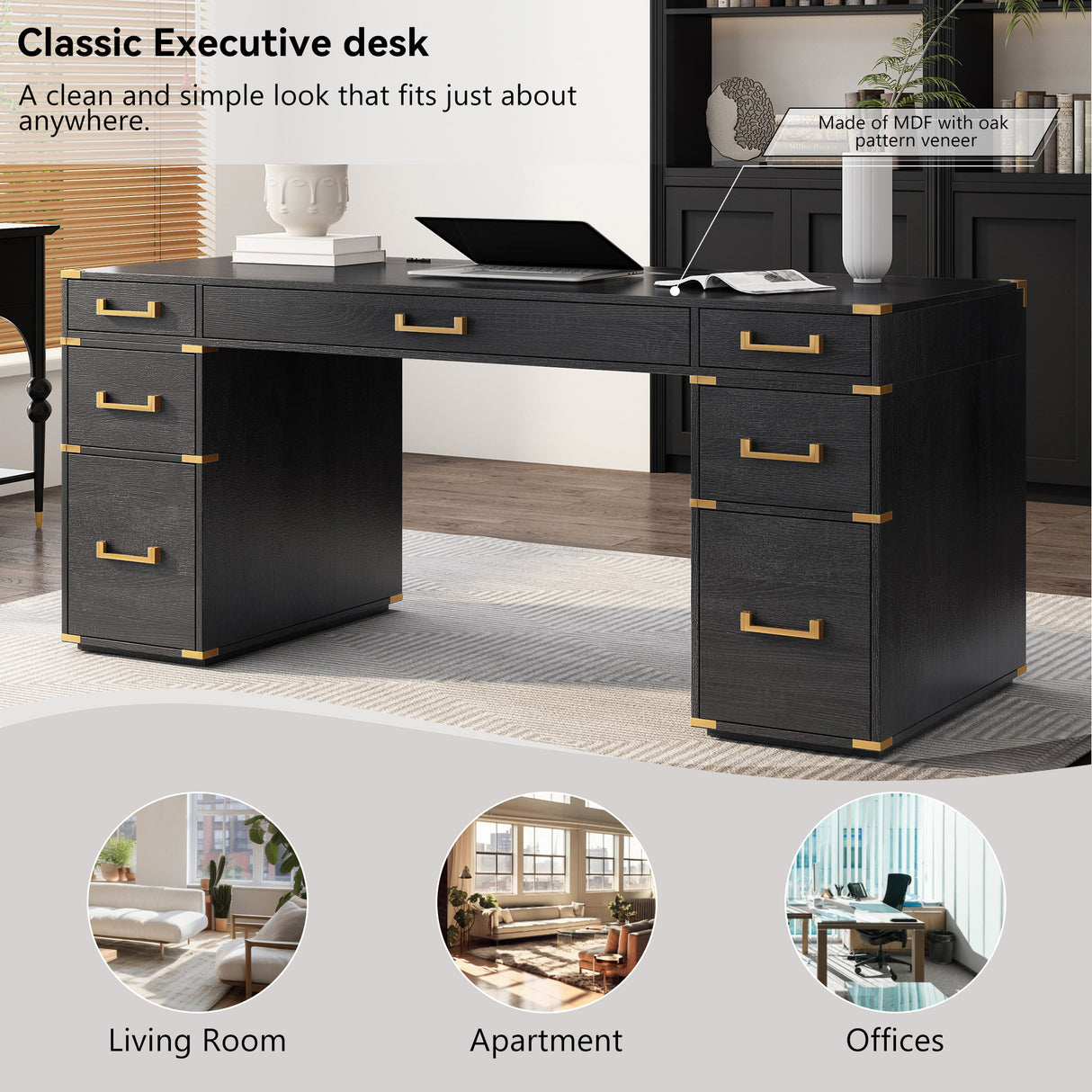 70 inch classic and traditional executive desk with metal trim, writing desk with 2 file drawers, USB ports, and sockets, black - V.I.P Digital Presence