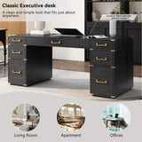 70 inch classic and traditional executive desk with metal trim, writing desk with 2 file drawers, USB ports, and sockets, black - V.I.P Digital Presence