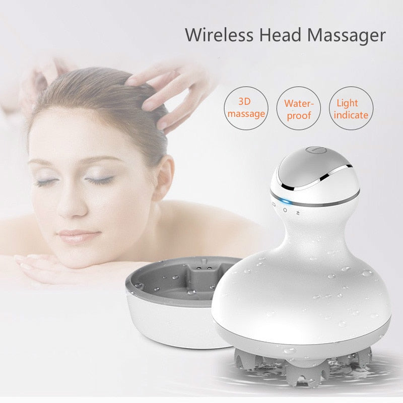 Masajeador de cabeza eléctrico 3D impermeable, inalámbrico, para el cuero cabelludo, promueve el crecimiento del cabello, amasado profundo del tejido corporal y vibración. 