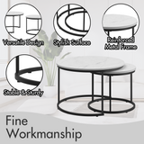 A set of nested 27.6-inch circular coffee tables with a wooden marble patterned tabletop and a sturdy metal frame (white) - V.I.P Digital Presence