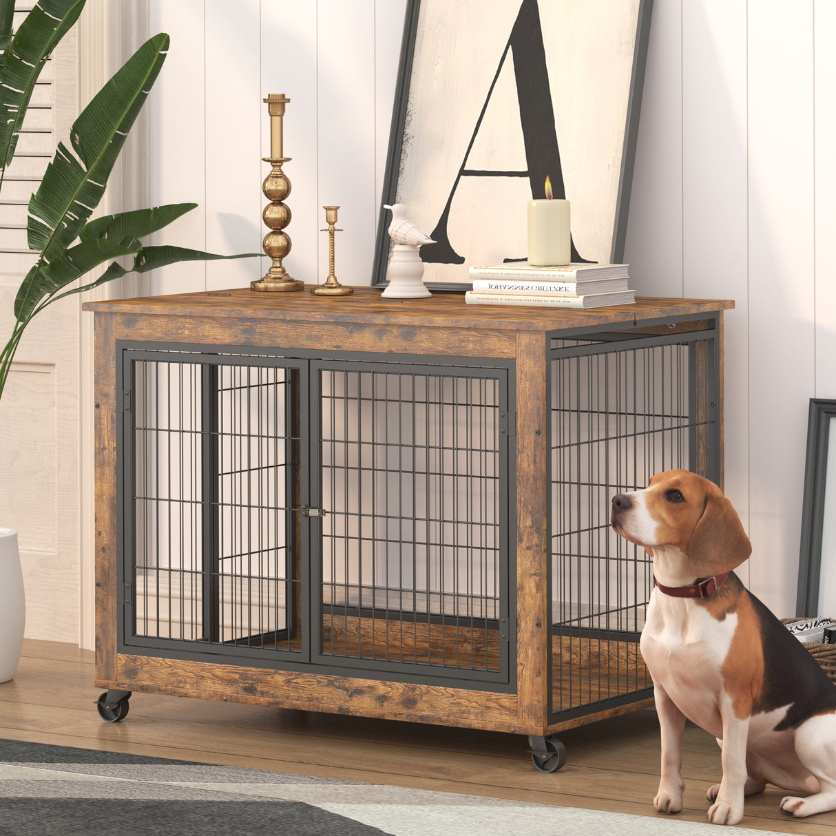 Furniture Dog Cage Crate with Double Doors, Rustic Brown, 38.58'' W x 25.2'' D x 27.17'' H - V.I.P Digital Presence