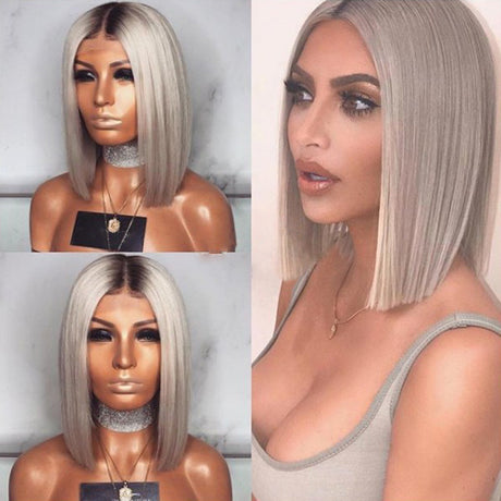 Women's wig black gray mixed color middle part bobo short straight hair inner buckle bob short hair dyed chemical fiber hair - V.I.P Digital Presence