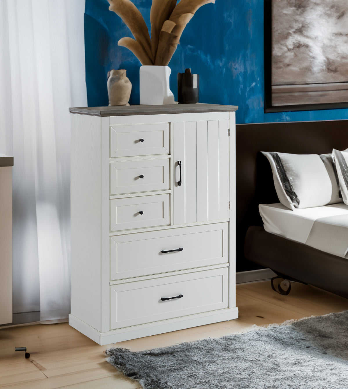 Farmhouse 5 drawer bedroom dressing table, high drawer cabinet white wooden bedroom dressing table. - V.I.P Digital Presence