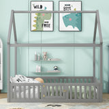 Full Size Wood House Bed with Fence and Door, Gray - V.I.P Digital Presence