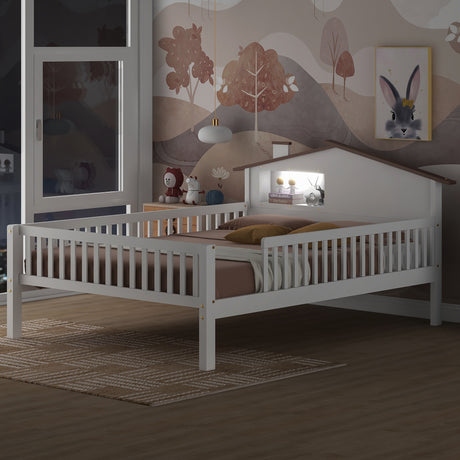 Full Size Wood Platform Bed with House-shaped Headboard, LED and Built-in Storage, White - V.I.P Digital Presence