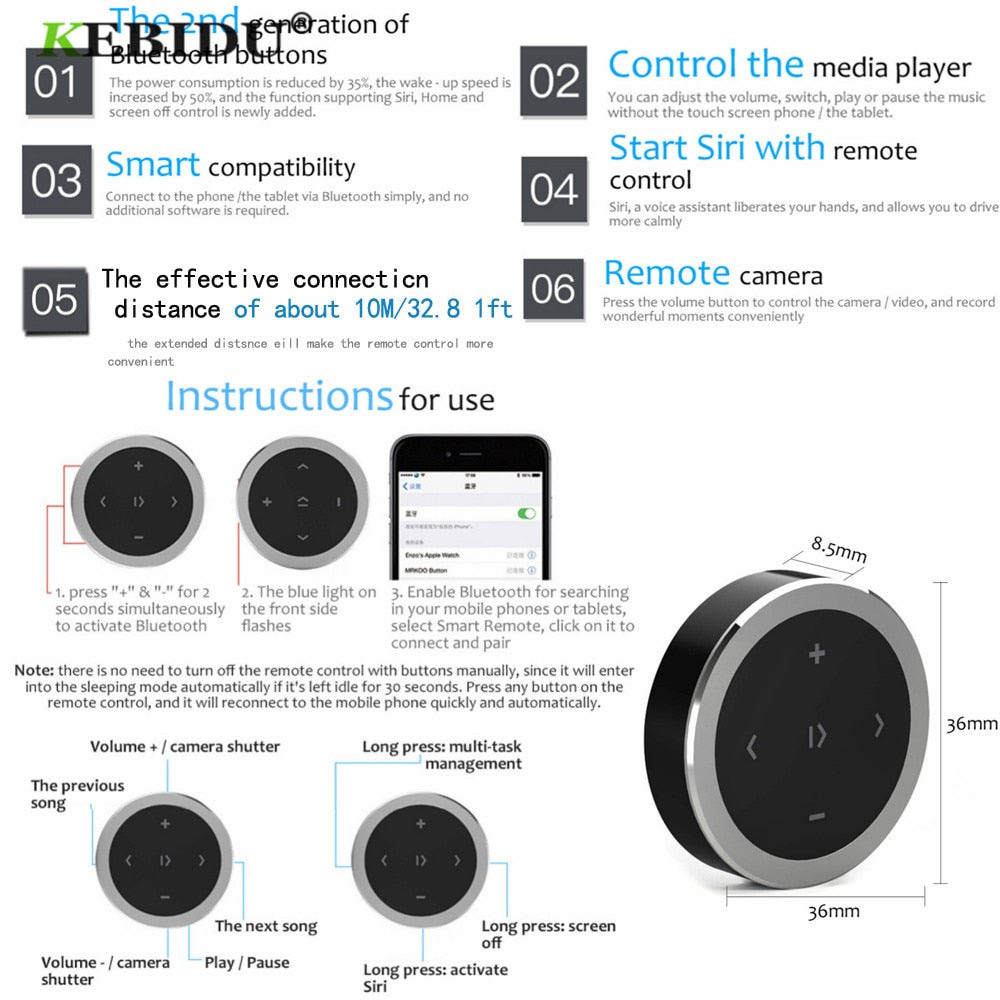 Control remoto inalámbrico Bluetooth para volante Kebidu, reproducción de música MP3 para teléfonos inteligentes Android e iOS, kit de estilo para automóvil
