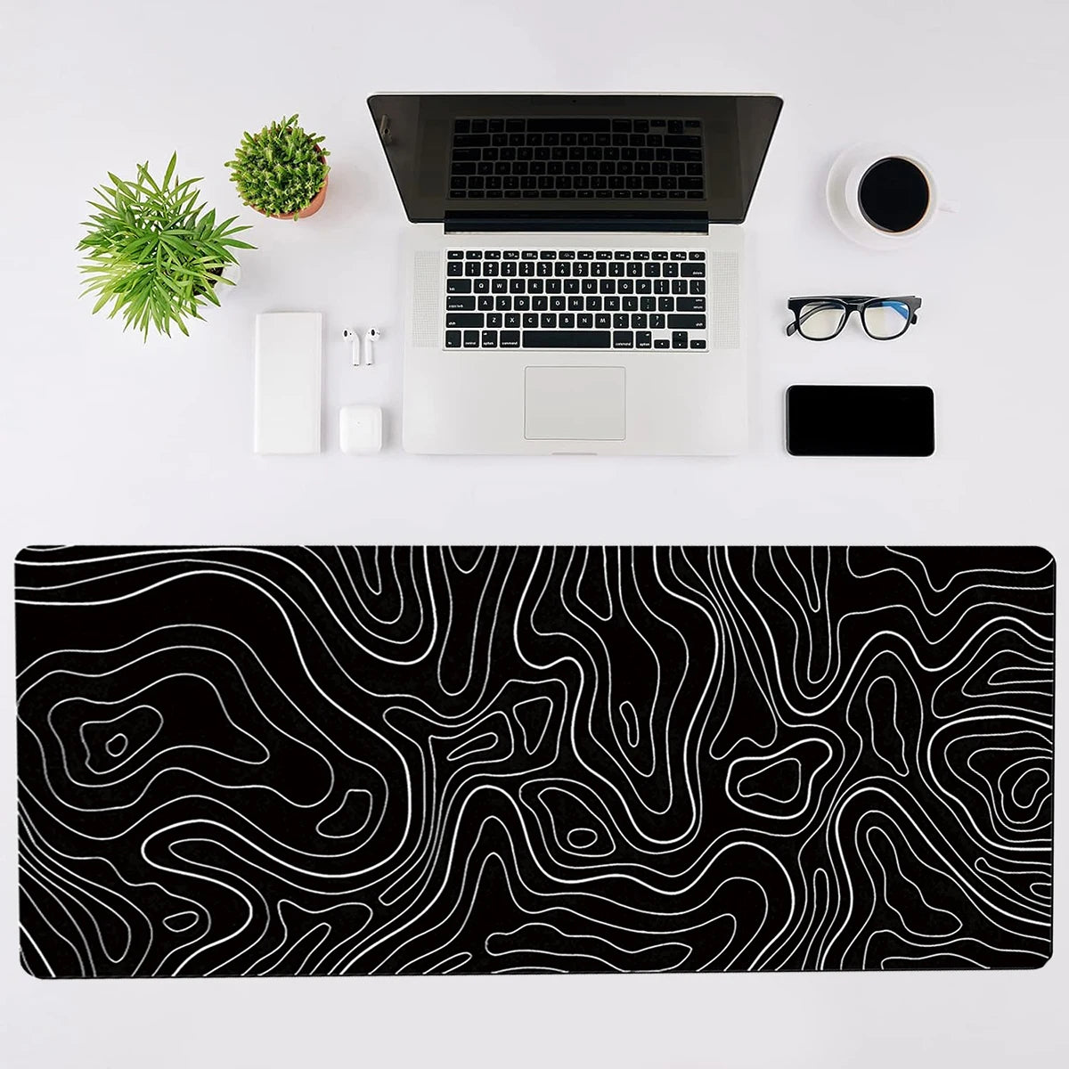 1 alfombrilla de ratón para juegos, alfombrilla de teclado grande de 31,5 x 11,8 pulgadas, alfombrilla de ratón topográfica en blanco y negro para teclado con antideslizante
