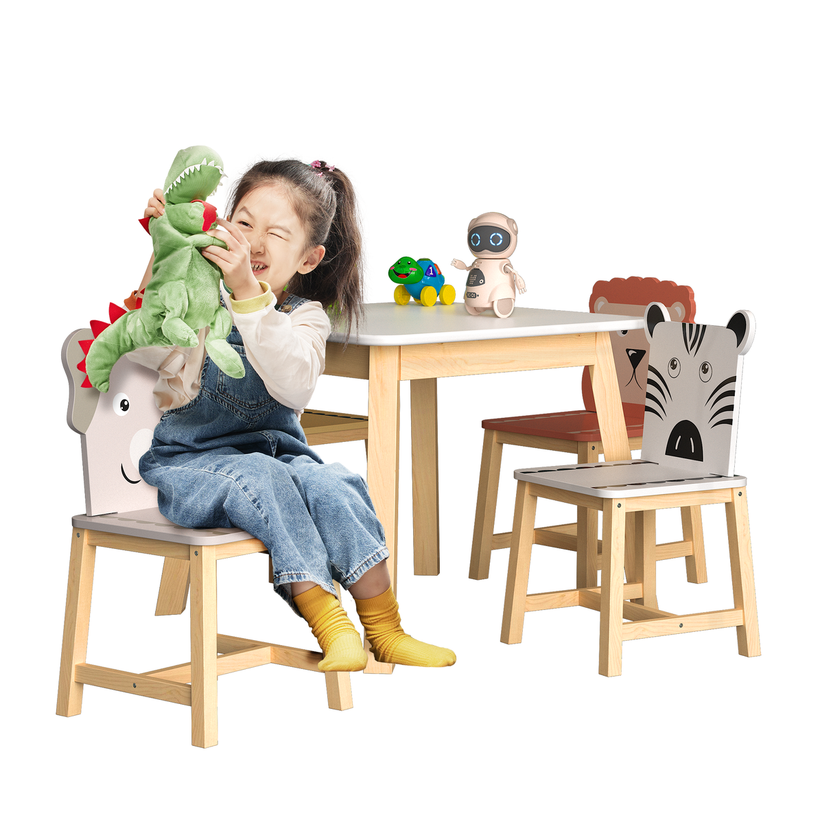 5 Piece Kiddy Table and Chair Set  Kids Wood Table with 4 Chairs Set Cartoon Animals (bigger table) (3-8 years old) - V.I.P Digital Presence