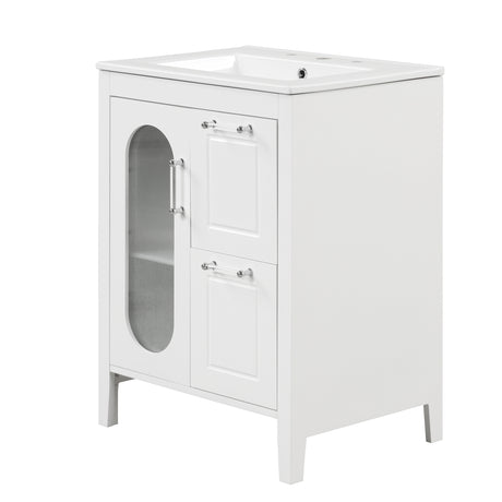 24" Bathroom Vanity with Sink, Bathroom Vanity Cabinet with Two Drawers and Door, Adjustable Shelf, Solid Wood and MDF, White - V.I.P Digital Presence