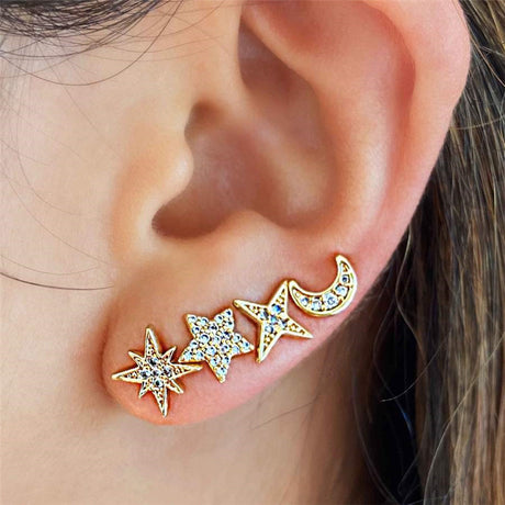 S925 Small Ins 4 Piece Set Star Octagonal Star Four Point Star Moon Earring Set - V.I.P Digital Presence
