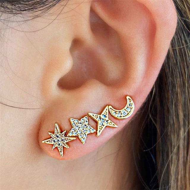 S925 Small Ins 4 Piece Set Star Octagonal Star Four Point Star Moon Earring Set - V.I.P Digital Presence