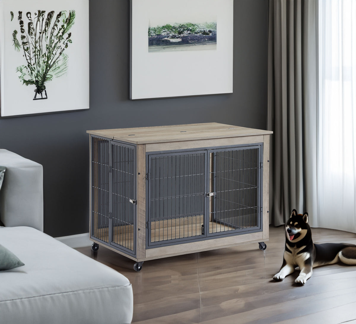 Furniture Style Dog Crate Side Table on Wheels with Double Doors and Lift Top.Grey,38.58''w x 25.5''d x 27.36''h - V.I.P Digital Presence
