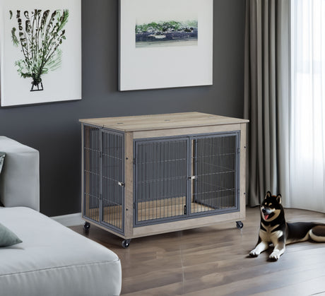 Furniture Style Dog Crate Side Table on Wheels with Double Doors and Lift Top.Grey,38.58''w x 25.5''d x 27.36''h - V.I.P Digital Presence