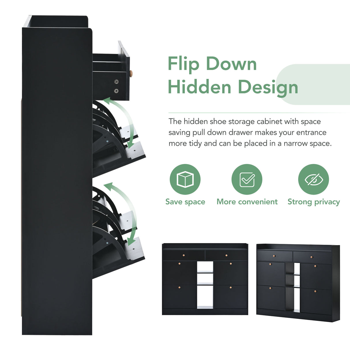 ONTREND modern shoe cabinet with 4 flipped drawers, multifunctional double-layer shoe storage with drawers, black. - V.I.P Digital Presence
