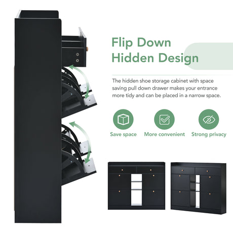 ONTREND modern shoe cabinet with 4 flipped drawers, multifunctional double-layer shoe storage with drawers, black. - V.I.P Digital Presence