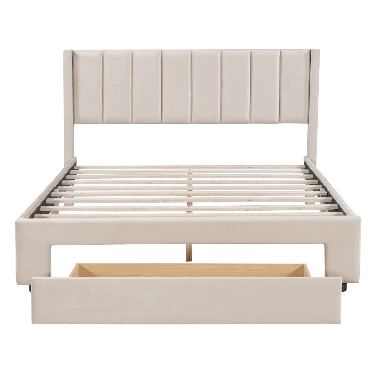 Queen Size Storage Bed Velvet Upholstered Platform Bed with a Big Drawer - Beige - V.I.P Digital Presence