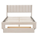 Queen Size Storage Bed Velvet Upholstered Platform Bed with a Big Drawer - Beige - V.I.P Digital Presence