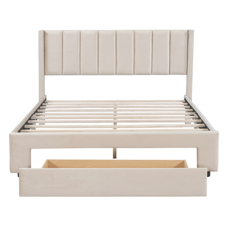 Queen Size Storage Bed Velvet Upholstered Platform Bed with a Big Drawer - Beige - V.I.P Digital Presence