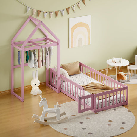 Wooden Twin Size Children's Bed with Detachable Headboard and Integrated Clothes Drying Rack, Pink - V.I.P Digital Presence
