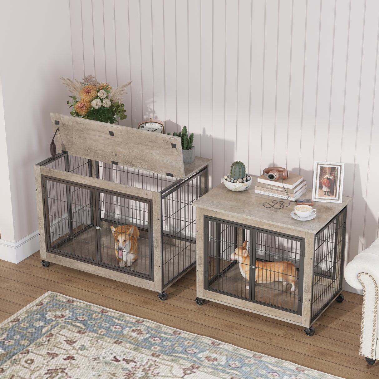 Furniture Style Dog Crate Side Table on Wheels with Double Doors and Lift Top.Grey,38.58''w x 25.5''d x 27.36''h - V.I.P Digital Presence