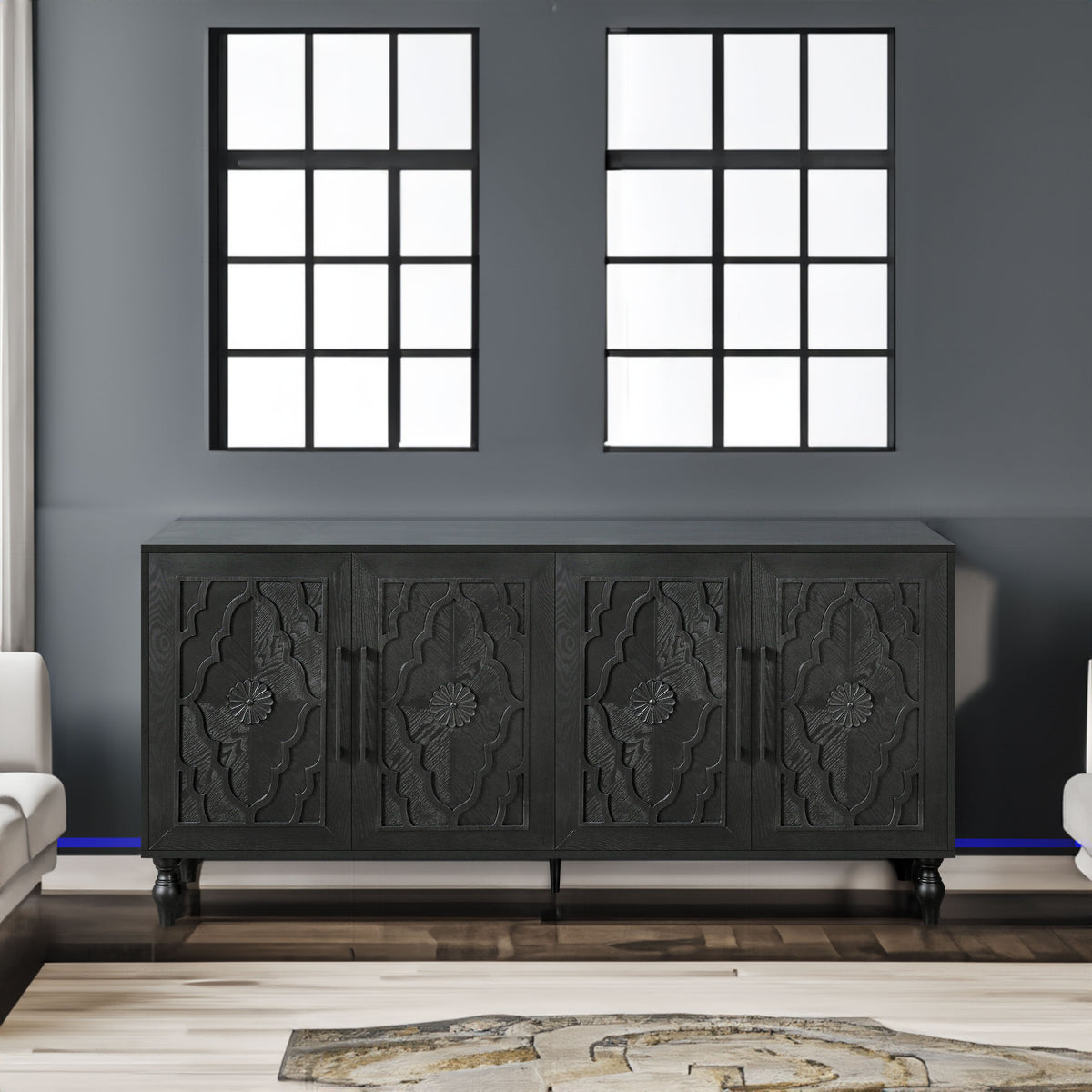 Carved Flower Door Large Storage Cabinet With Metal Handle Suitable For Living Room, Kitchen, Entryway(BLACK) - V.I.P Digital Presence