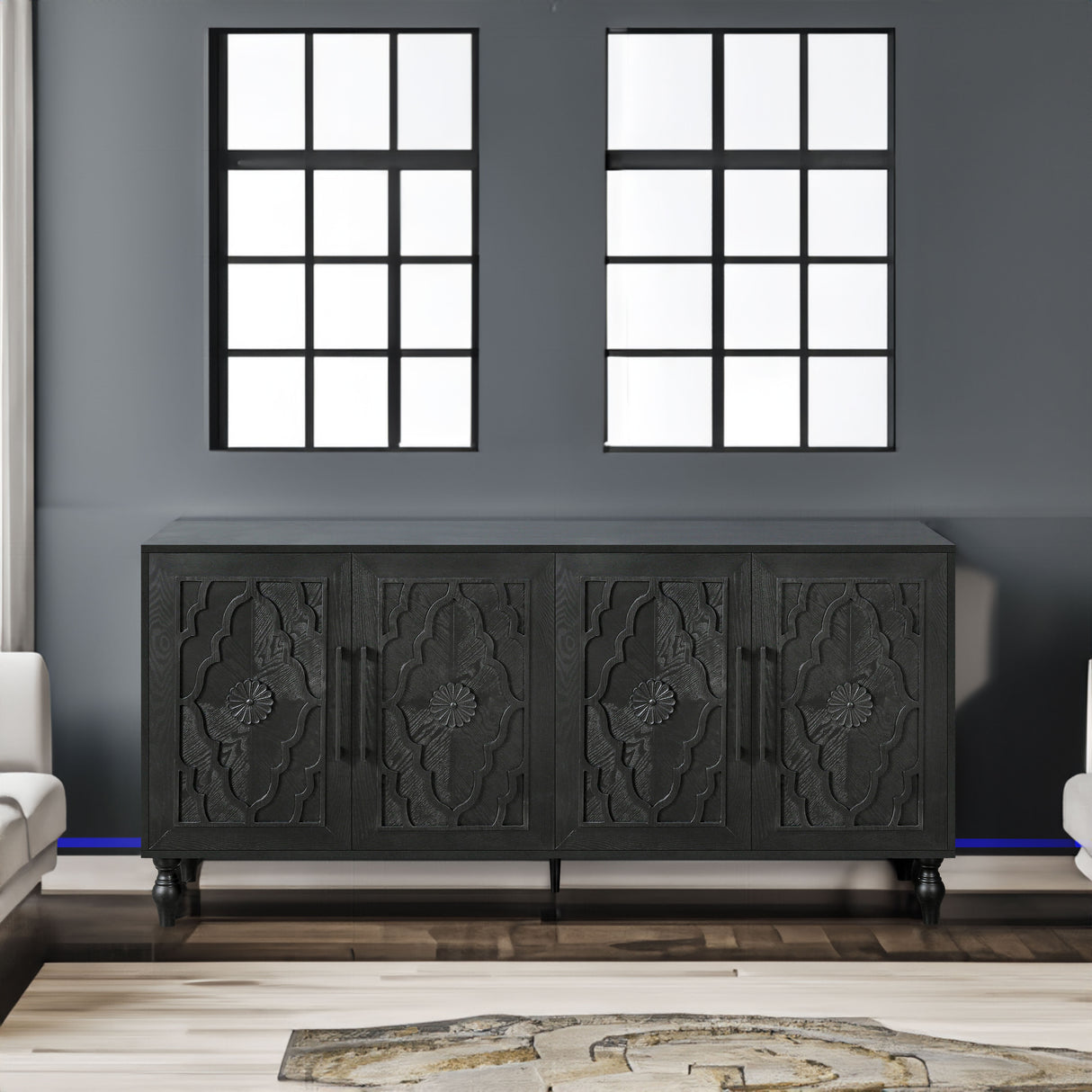 Carved Flower Door Large Storage Cabinet With Metal Handle Suitable For Living Room, Kitchen, Entryway(BLACK) - V.I.P Digital Presence