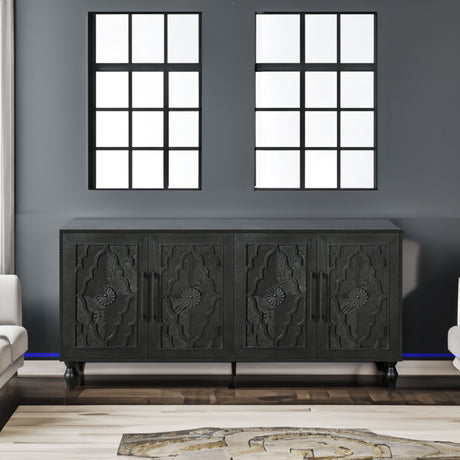 Carved Flower Door Large Storage Cabinet With Metal Handle Suitable For Living Room, Kitchen, Entryway(BLACK) - V.I.P Digital Presence