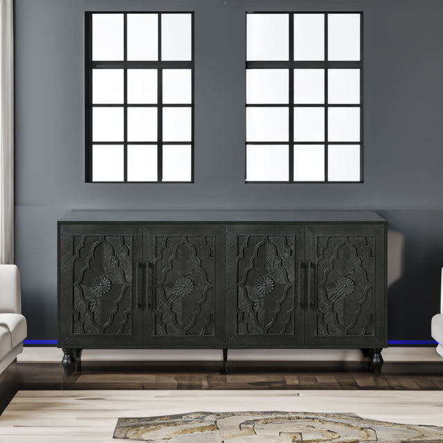 Carved Flower Door Large Storage Cabinet With Metal Handle Suitable For Living Room, Kitchen, Entryway(BLACK) - V.I.P Digital Presence