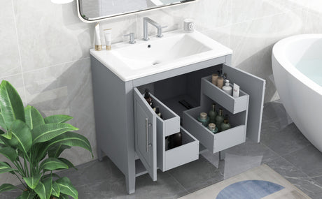 30" Bathroom Vanity with Sink, Multi-functional Bathroom Cabinet with Doors and Drawers, Solid Frame and MDF Board, Grey - V.I.P Digital Presence