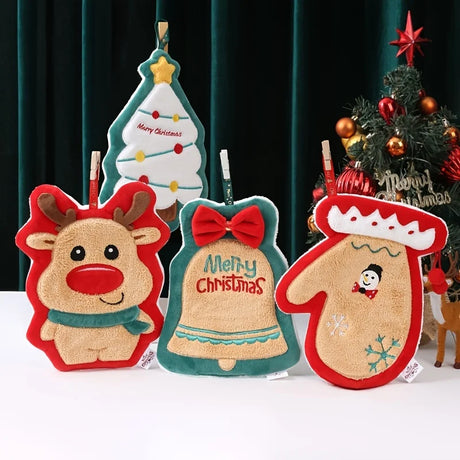 Christmas hand towel hanging style, new thickened coral fleece absorbent quick drying cloth, kitchen embroidery hand towel - V.I.P Digital Presence