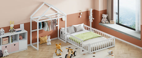 Wooden Full Size Children's Bed with Detachable Headboard and Integrated Clothes Drying Rack, White - V.I.P Digital Presence