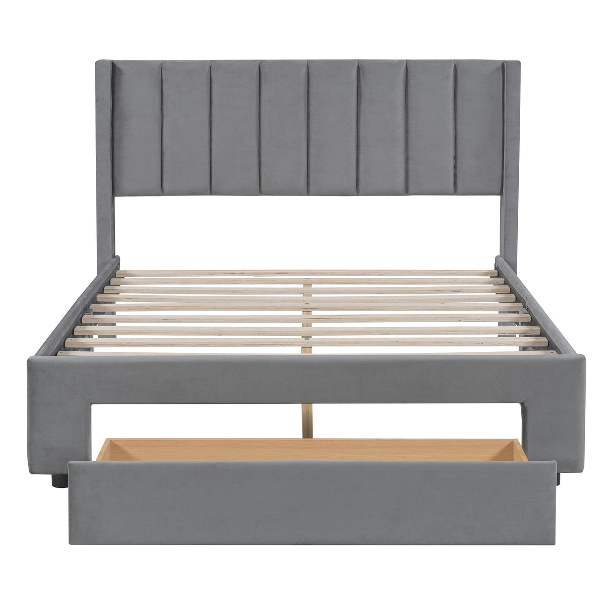 Full Size Storage Bed Velvet Upholstered Platform Bed with a Big Drawer - Gray - V.I.P Digital Presence
