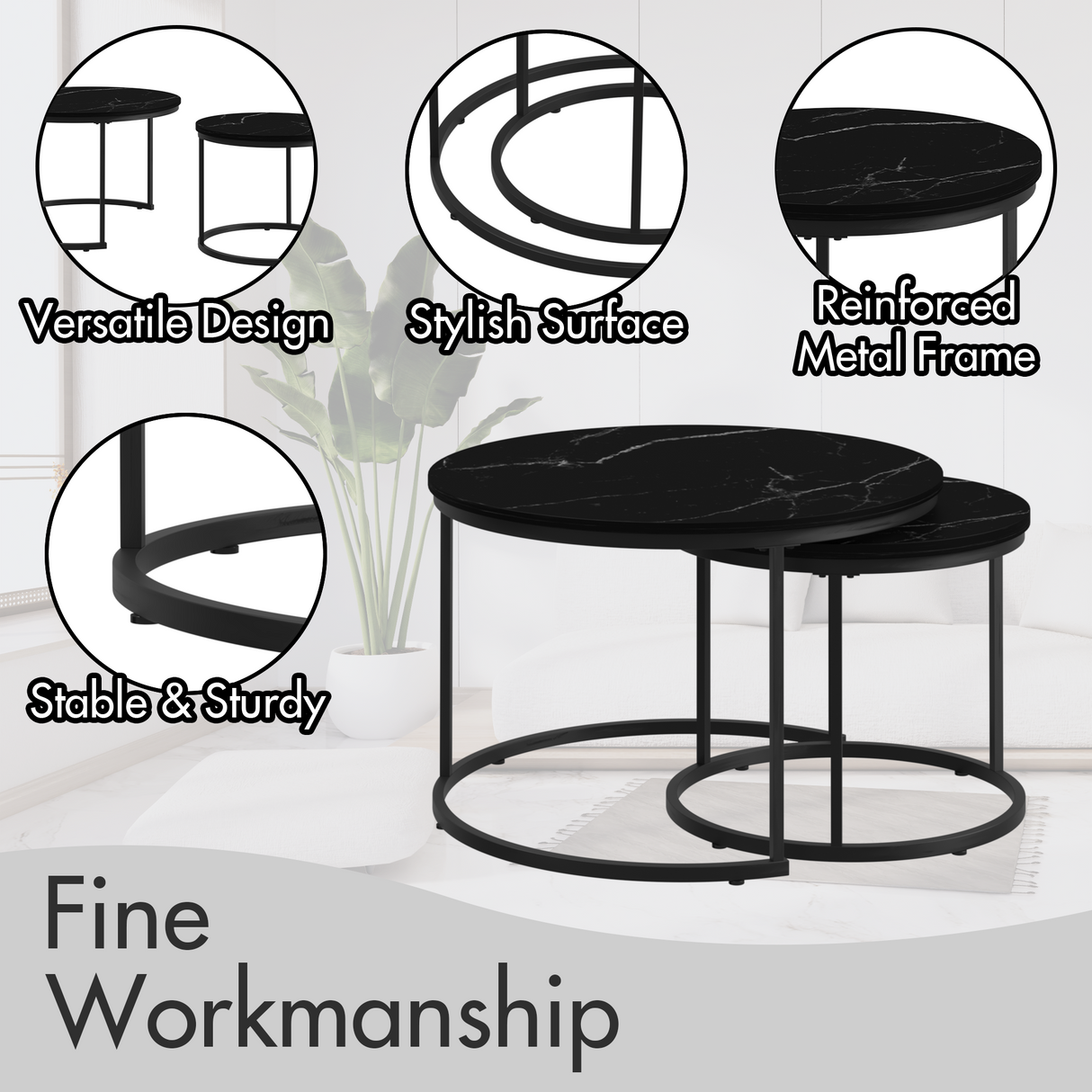 A set of nested coffee tables, 27.6-inch round coffee table, wooden marble patterned tabletop, sturdy metal frame (black) - V.I.P Digital Presence