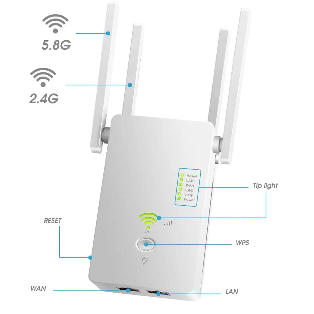 Repetidor WiFi de 5 GHz, banda dual, extensor WiFi inalámbrico de 2,4 G y 5 G, amplificador WiFi de 1200 Mbps, punto de acceso inalámbrico 