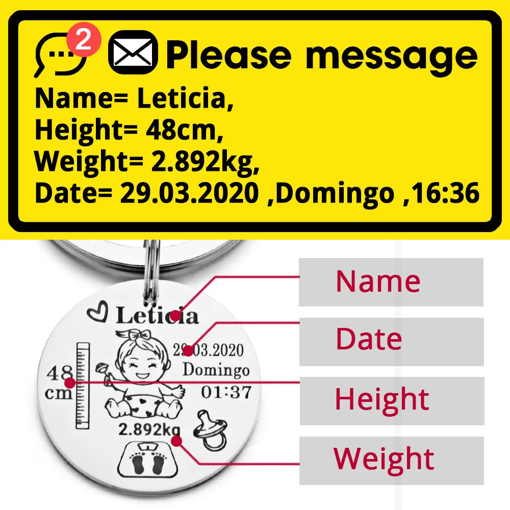 Lovely Personalized Baby Boys Girls Keychain  Name Birth Weight Height For Newborn Commemorate New Mom Dad Gift Keyring P026_C - V.I.P Digital Presence