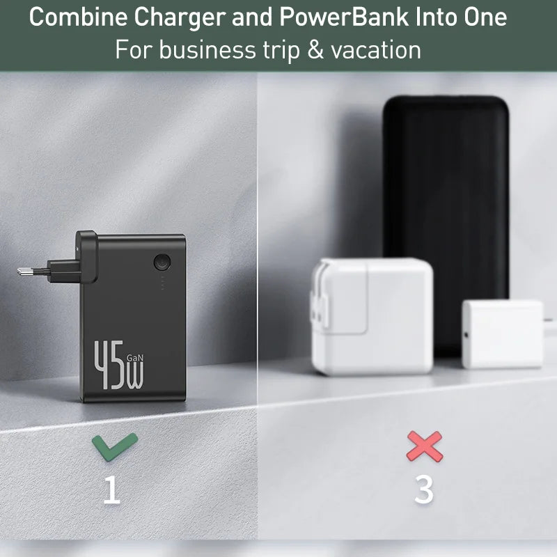 Baseus GaN Power Bank Charger 10000mAh 45W USB C PD Fast Charging 2 in 1 Charger & Battery as One ForiP 11 Pro Laptop ForXiaomi - V.I.P Digital Presence
