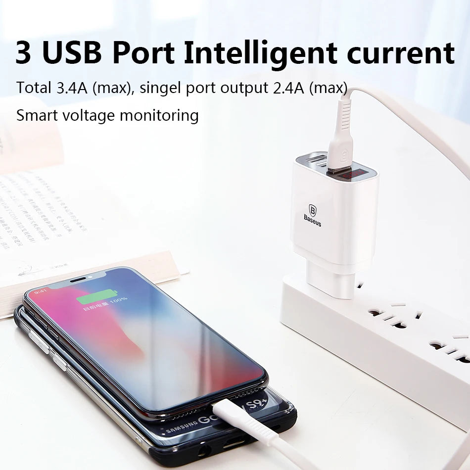 LED Display 3 USB Charger, Baseus Mobile Phone USB Charger Fast Charging Wall Charger For iPhone Samsung Xiaomi 3.4A Max Charger - V.I.P Digital Presence