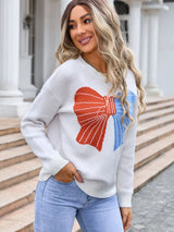 Angel Wings Bow Round Neck Dropped Shoulder Sweater - V.I.P Digital Presence