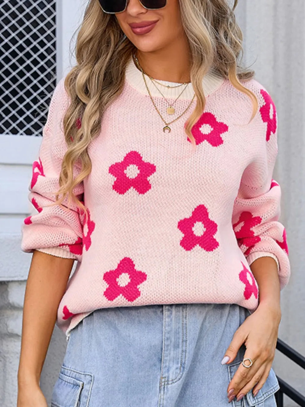 Angel Wings Flower Round Neck Dropped Shoulder Sweater - V.I.P Digital Presence