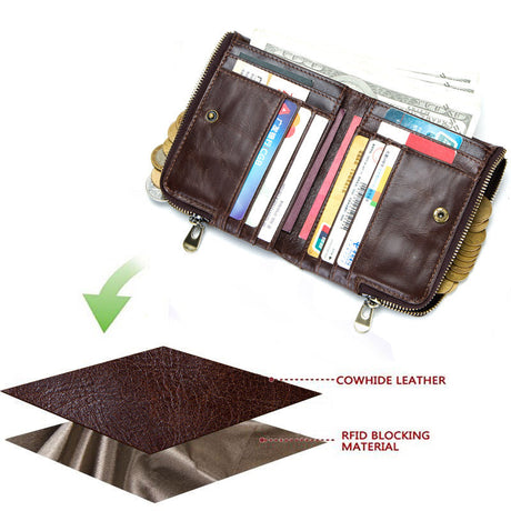 Anti-Theft Brush RFID Genuine Leather Men's Wallet Multifunctional Double Zipper Vertical Wallet Fashion Casual Coin Purse - V.I.P Digital Presence