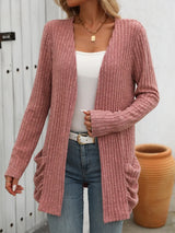 Autumn and winter new solid color pit stripe brushed pocket cardigan long sleeved jacket for women - V.I.P Digital Presence