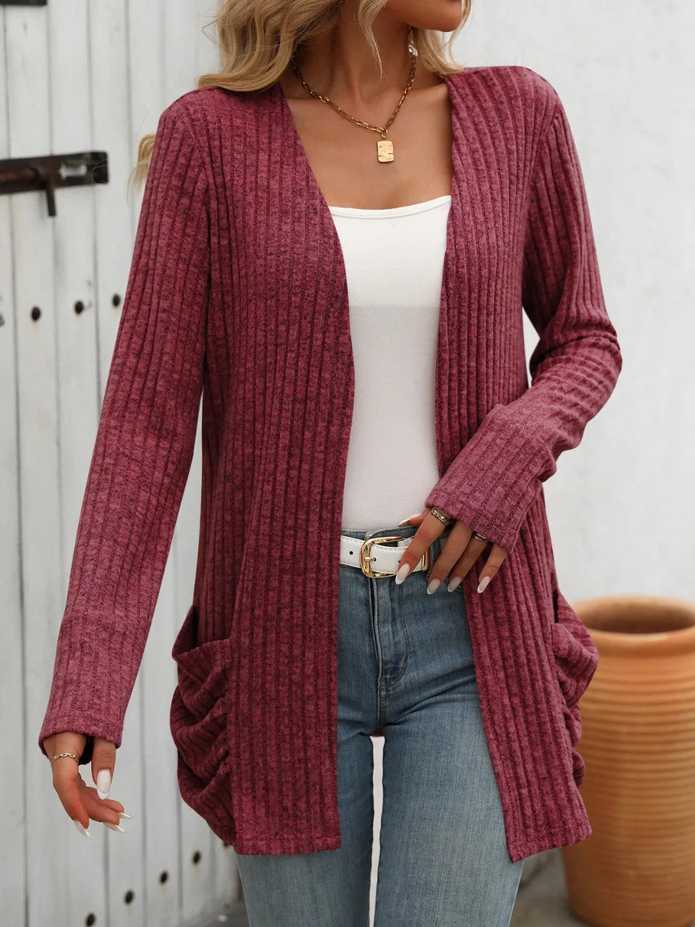 Autumn and winter new solid color pit stripe brushed pocket cardigan long sleeved jacket for women - V.I.P Digital Presence